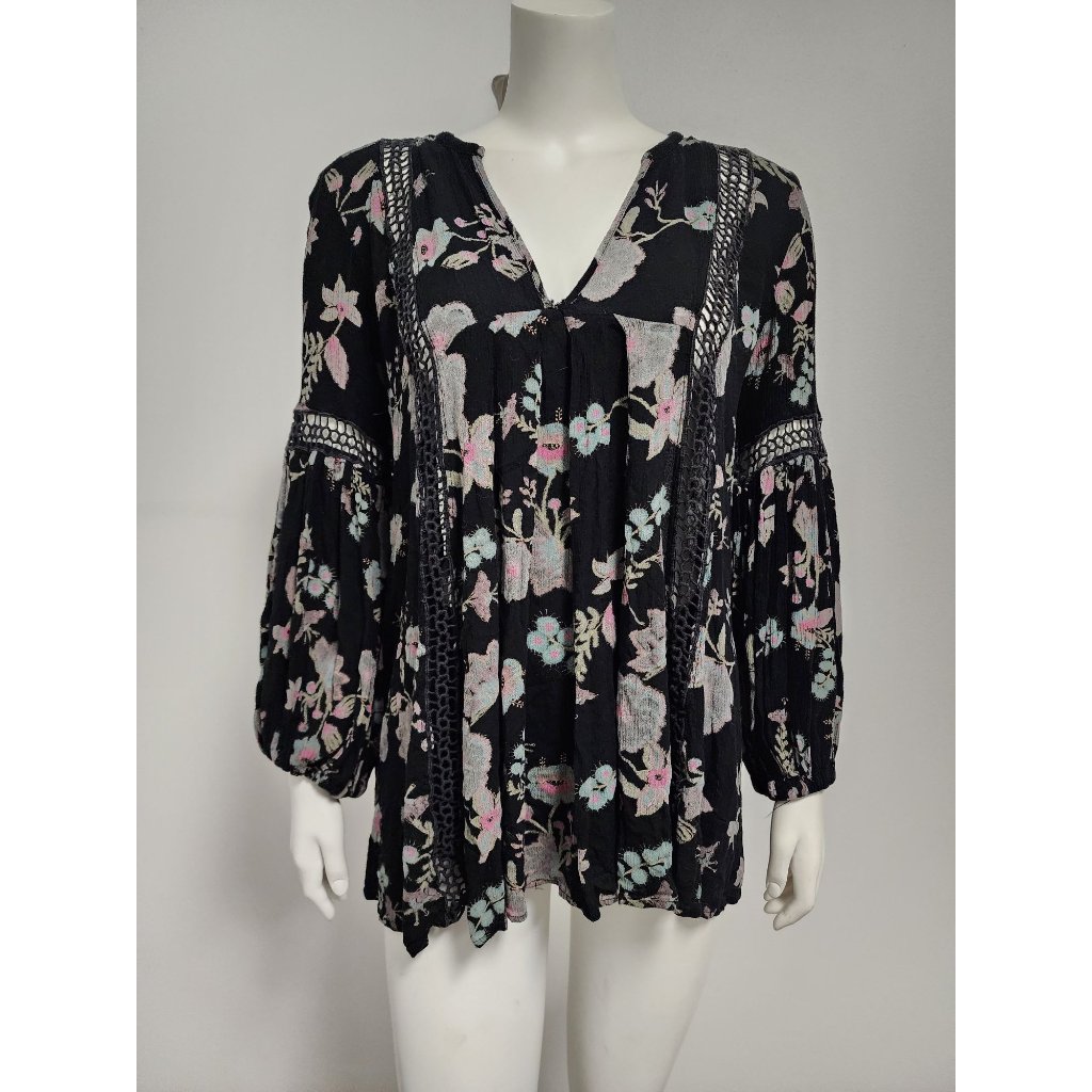 Free People Just The Two Of Us Black Floral Long Sleeve Tunic Dress S